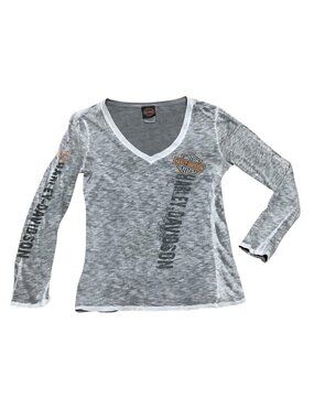 Harley Davidson Burn Out T-Shirt Sz S V-Neck Long Sleeve Gray Logo Biker Womens